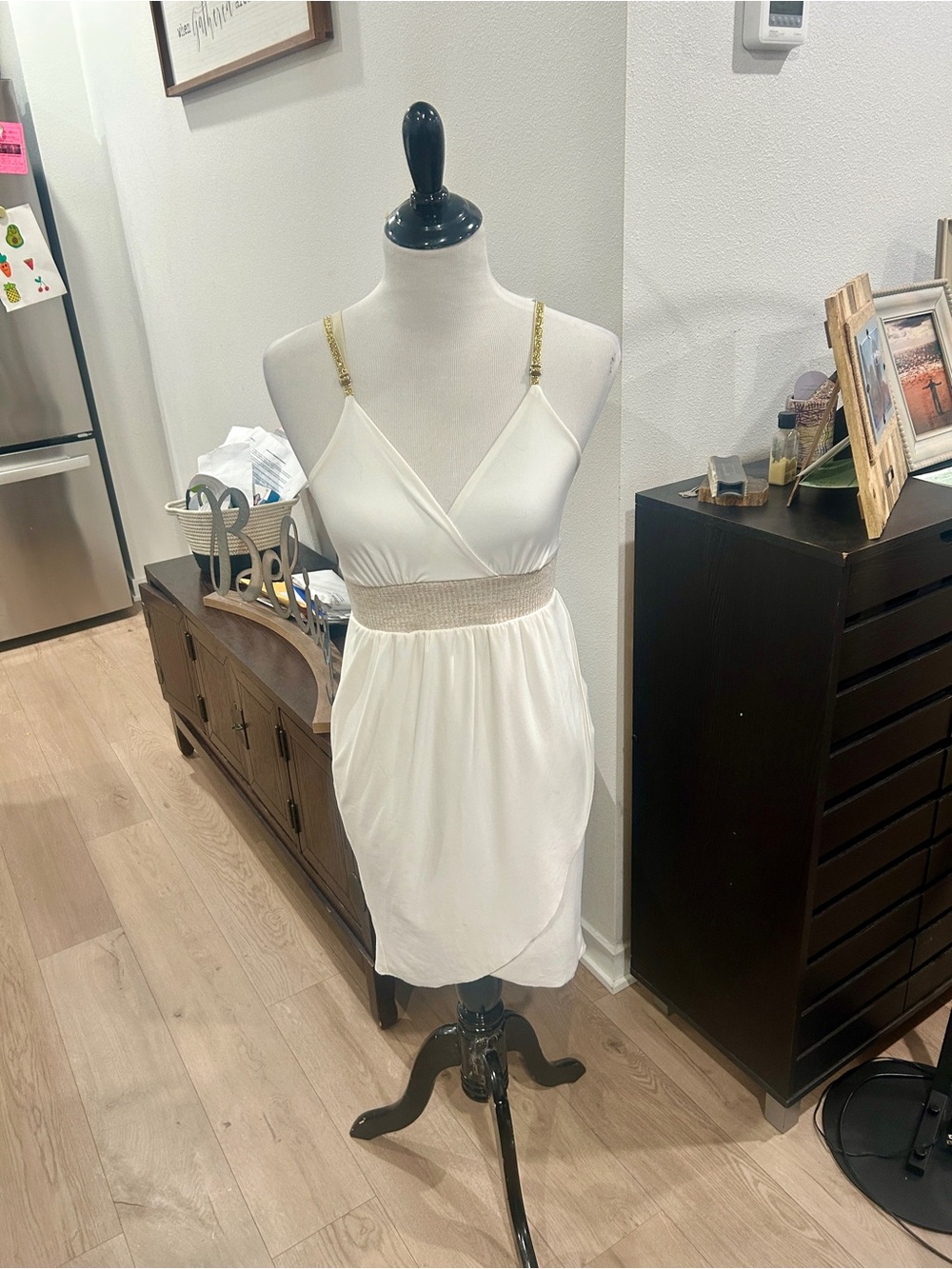 Guess Women's Cream Slip Dress with Gold Strap Detail